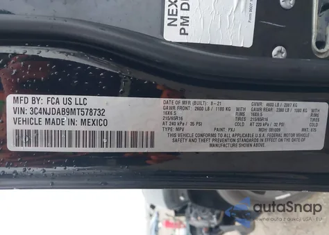 2021 Jeep Compass Sport 4X4 z USA, uszkodzony, nr VIN 3C4NJDAB9MT578732